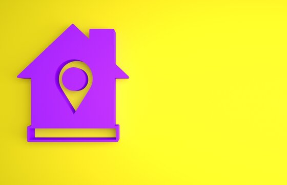 Purple Map pointer with house icon isolated on yellow background. Home location marker symbol. Minimalism concept. 3D render illustration