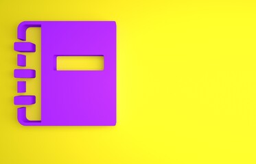Poster - Purple Notebook icon isolated on yellow background. Spiral notepad icon. School notebook. Writing pad. Diary for school. Minimalism concept. 3D render illustration