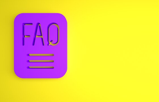 Purple Speech bubble with text FAQ information icon isolated on yellow background. Circle button with text FAQ. Minimalism concept. 3D render illustration
