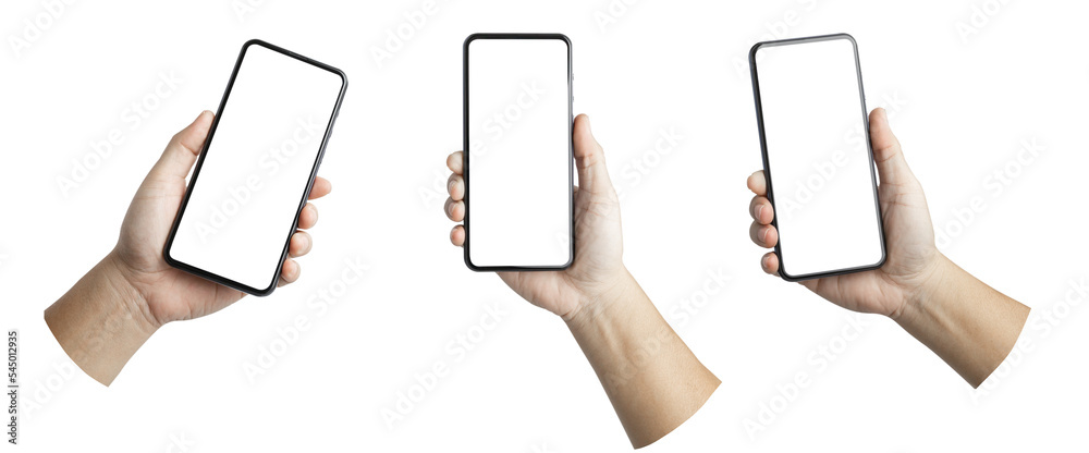 A set, group of male hand hold a smartphone with blank screen isolated ...