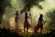 Indigenous Tribe People Of The Amazonian Tribes In A Tropical Jungle Environment. Foraging And Hunting. Primitive Ancient Civilisation Living A Simple Life In The Amazonian Rainforests.