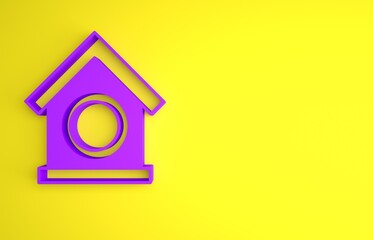 Wall Mural - Purple Dog house icon isolated on yellow background. Dog kennel. Minimalism concept. 3D render illustration