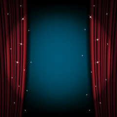 Wall Mural - Open red curtain theater background with sparkling stars. Vector illustration