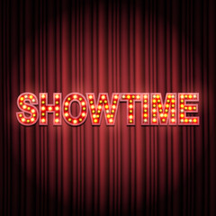 Wall Mural - Shining retro sign Showtime banner on curtain. Vector illustration