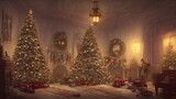 Fototapeta  - The Christmas tree is indoors in an antique house. It is a beautiful sight. The tree is decorated with lights and shining ornaments. Presents are piled high beneath it, waiting to be opened on Christm
