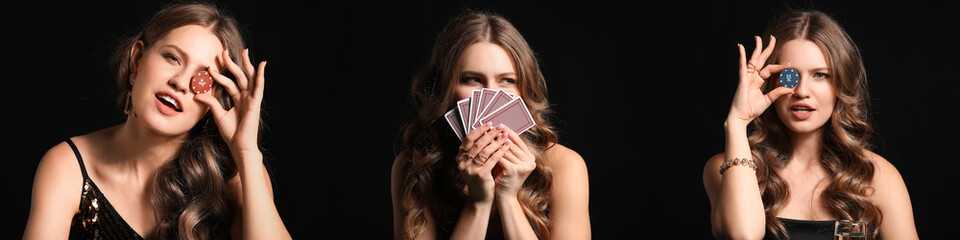 Wall Mural - Set of beautiful young woman with poker chips and cards on dark background