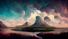 Dreamy Alien Landscape With Butte Mountains And Strange Clouds, Neural Network Generated Art. Digitally Generated Image. Not Based On Any Actual Scene Or Pattern.