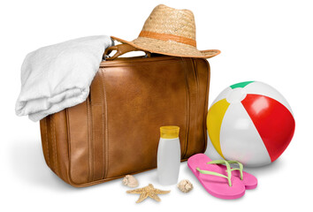 Wall Mural - Beach Ball, Suitcase, Towel, Sun Hat, Flip-Flops and Sun Cream