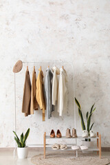 Sticker - Rack with warm female clothes, shoes and houseplants near light wall