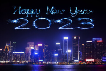 Wall Mural - 2023 Happy New Year fireworks over Hong Kong cityscape at night.