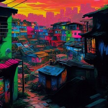 Colorful And Vibrant Overpopulated Favela Shantytown And The Interesting Architecture Of Stacked Multi Storey Square Houses And Shops. Digital Oil Painting Art.   