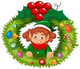 Wall Mural - Elf Christmas wreath in cartoon style