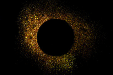 Poster - Dark texture with a round sprinkling of gold. Backdrop with golden sparkle for frame, copy space, and overlay photo effect. fancy, luxury, themed backgrounds.