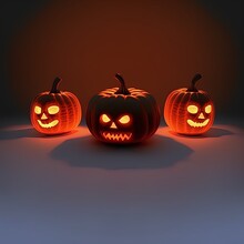 Glowing Halloween Pumpkin On White Background. Three Halloween Pumpkin Of Different Sizes. Decorations For All Hallows' Eve. 3d Pumpkins In Form Of Jeck Lamps. Pumpkins With Holes In Form Of Face