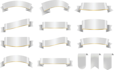 set of white or silver color ribbons and tags isolated on white background. 3d vector illustration.
