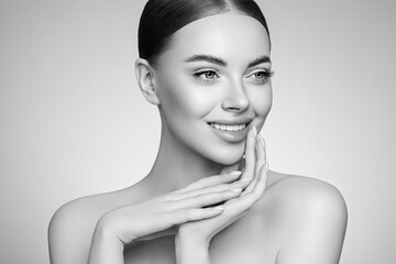 Wall Mural - portrait beautiful young woman with clean fresh skin. model with healthy skin, close up portrait. co