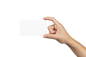 Hand holding blank white card isolated on white background. Clipping path included. Business and finance concept