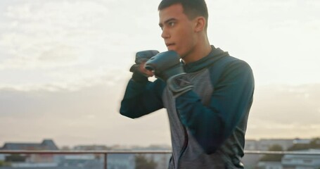 Poster - Man, boxing and punching in fitness, workout and exercise for anger management, fight preparation or stress control on Brazilian city rooftop. Boxer, sports athlete or mma coach in wellness training