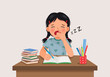 © Tenstudio - cute little girl yawning feeling sleepy while studying doing homework on the desk