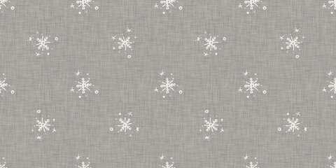 Seamless christmas snowflake woven linen border. Two tone seasonal grey farmhouse frost edging. Holiday textile for french Xmas snow washi tape.