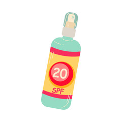 Sticker - Spray bottle of sunblock with label vector illustration. Sun safety, lotion with SPF, sunscreen for skin care during summer isolated on white background. Cosmetics, summer, protection concept