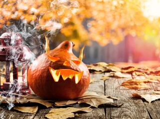 Poster - Ripe pumpkins with autumn leaves on the desk