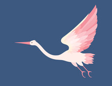 Stork Flying In Sky. Vector Illustrations Of Crane With Feathers On Wings And Beak. Cartoon Flight Of Cute Wild Bird During Migration In Nature Isolated On Blue. Fauna, Wildlife, Childbirth Concept