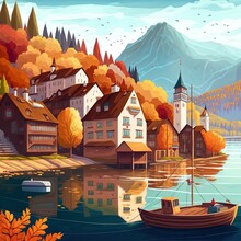 Autumn Landscape And European Town Seaside Illustration. Cartoon Sea, River Or Lake Coast Scene With Boat In Europe, Mountain Nature View, Village Building Houses, Panorama Scenery Background