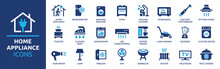 Home Appliance Icon Set. Collection Of Household Kitchen Appliance Solid Icon. Containing Washing Machine, Vacuum Cleaner, Refrigerator, TV And More. Vector Illustration.