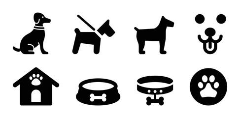 Dog icon set. Containing dog on leash, dog house, bowl, collar and leash icons. Paw symbol vector illustration.