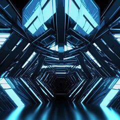 Poster - abstract technology tunnel. blue metal concstruciton sharp corners with reflections light. epic back