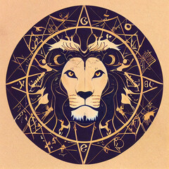 Witchcraft card with astrology Leo zodiac sign. Lion logo design