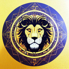 Witchcraft card with astrology Leo zodiac sign. Lion logo design