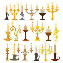 Candelabrum Or Candle Holder With Burning Candle Rested In It Vector Set