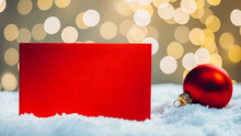 Christmas Red Letter To Santa With Bauble In Snow On Background Of Bokeh Lights