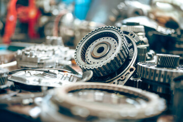 Steampunk texture, background with mechanical parts, gear wheels Stylized of a steampunk mechanical, metal gears are engine, gearbox or rotor parts. Parts and parts of construction equipment