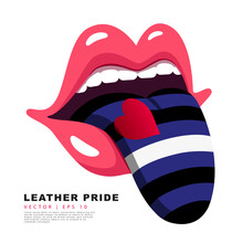 Red Lips With A Protruding Tongue Painted In The Colors Of The Leather Pride Flag. A Colorful Logo Of One Of The LGBT Flags. Sexual Identification. Vector Illustration