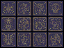Twelve Zodiac Astrological Horoscope Signs Dark Navy Cards Set. Capricorn, Aquarius, Pisces, Aries, Taurus Etc Stylized Symbols Esoteric, Zodiacal Horoscope Constellation Thin Line Vector Illustration