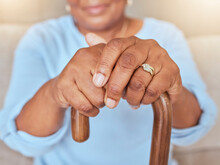 Life Insurance, Hope And Hands Of Old Woman With Walking Stick For A Disability Or Balance In A Nursing Home. Zoom And Elderly Person With Funeral Cover, Marriage Ring And Gratitude In Retirement