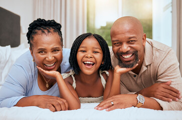 Wall Mural - Portrait of happy family home, girl and grandparents on bed for fun morning, relax lifestyle. Smile senior man, black woman and playful kid child face together in bedroom for love, care and joy