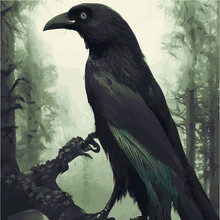 Portrait Mystical Dire Bird Crow, Symbol Of Gothic, Halloween, Fear, By Black Crows Terrible Foggy Forest. SET Vector Illustration. Unconditional Wild Animals Drawings Crows Black Silhouette