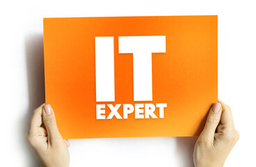 Poster - IT Expert - identifies issues with hardware or software and works with users or on the back end of servers to quickly resolve those issues, text concept on card