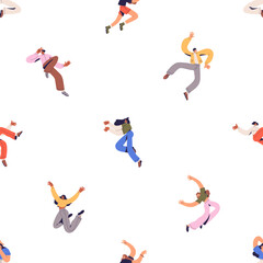 Poster - Happy energy people pattern. Seamless background, active youth, excited characters. Repeating print, free lively men and women in action, motion poses, floating. Colored flat vector illustration