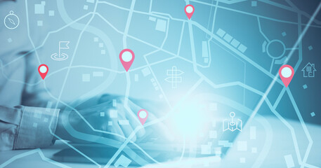 Aufkleber - man using laptop with virtual world and model map with location point , gps app, icon travel maps an