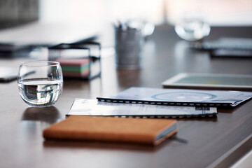 Poster - Notebook with documents, desk in office interior and zoom on business table with strategy report. Survey paperwork for startup, advertising agency research and empty office in corporate company