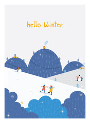 Wall Mural - Christmas winter landscape postcard.Blue yellow color tone.minimal village with hut ,snowman and deer.People happy 