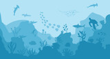 Fototapeta Las - silhouette of coral reef with fish on blue sea background underwater vector illustration	
