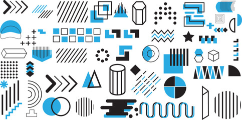 Poster -  Set of geometric shapes. Memphis design retro elements. Collection trendy halftone geometric shapes. blue and balck color..eps