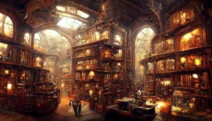 Fantasy library with hundreds of books in great steampunk victorian mansion hall at train station
