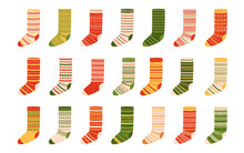 Collection Of Woolen Christmas Socks With Different Ornaments. Illustration On Transparent Background